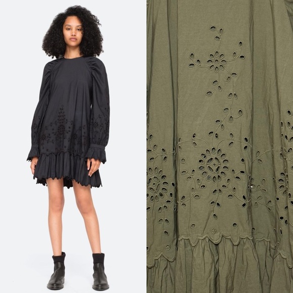 SEA NEW YORK Floral Eyelet Cotton Poplin Long‎ Puff Sleeve Ruffle Hem Dress XS - Picture 2 of 10